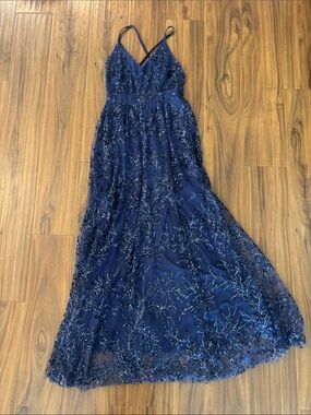 Cache Navy Blue Beaded Prom Dress